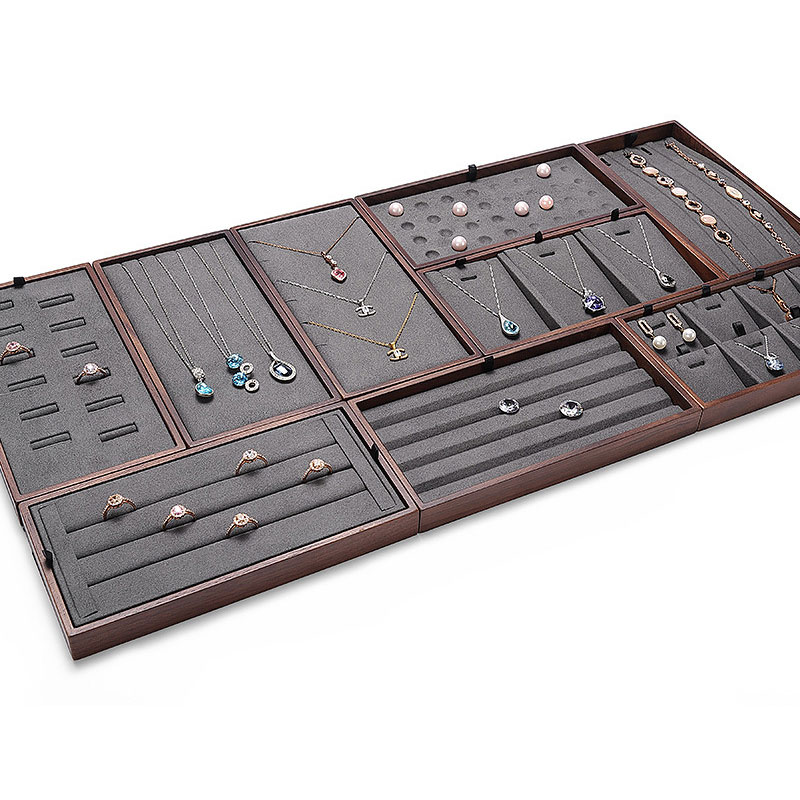 Stackable Wooden Jewelry Tray Dark Gray Microfiber Fine Jewelry Organizer for Earrings Rings Pendants Necklaces Gem Diamonds